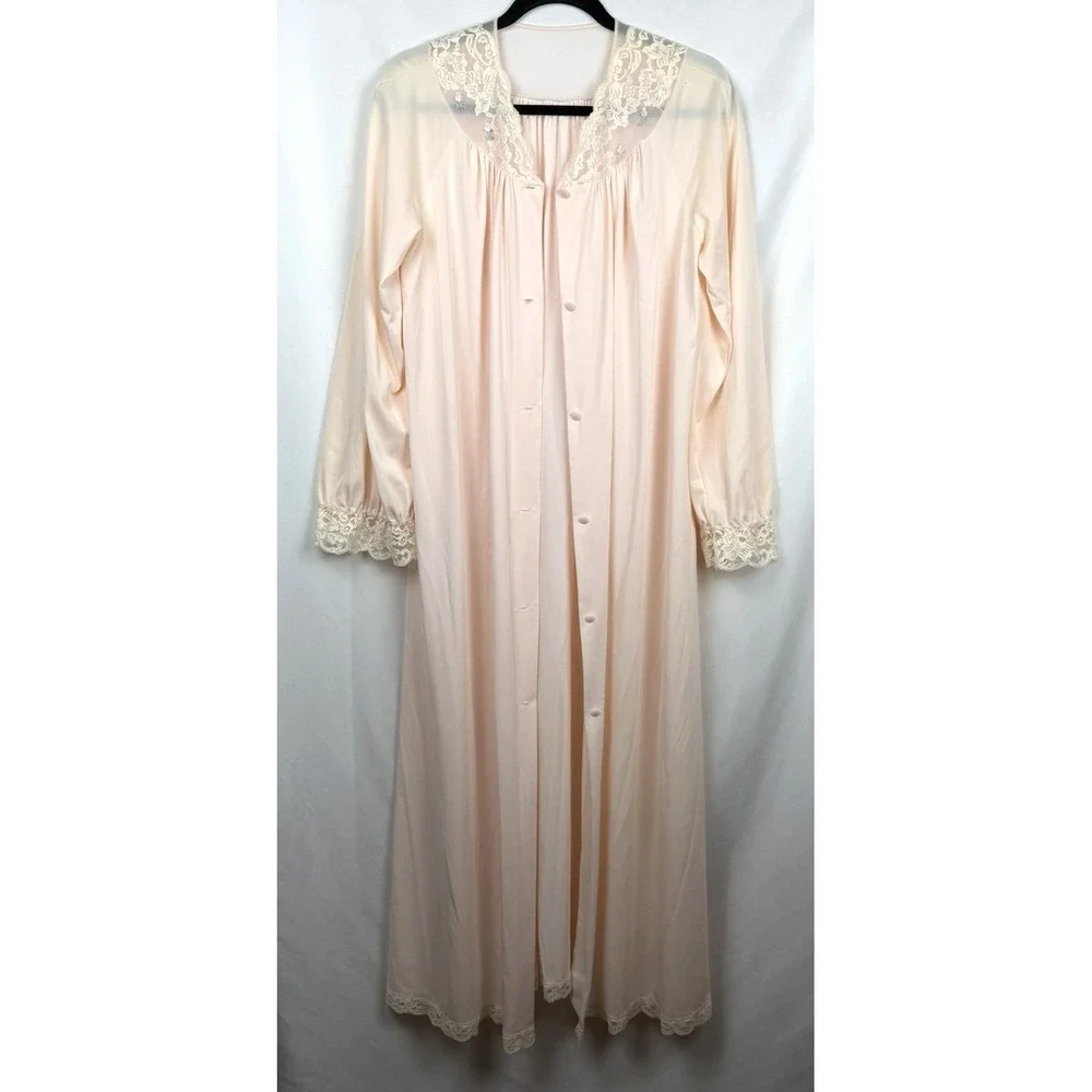 VTG Shadowline Nightgown Small Pastel Pink Peach Lace Robe Long Peignoir 70s 80s